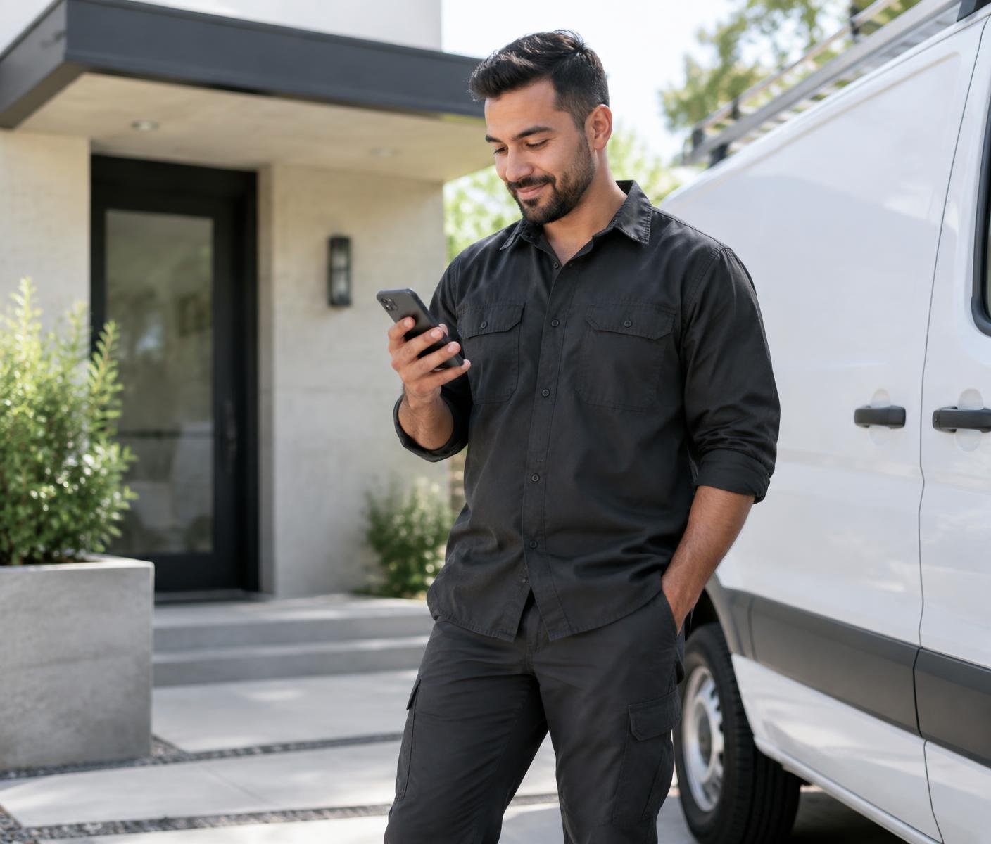 Independent contractor checking his phone beside a service van